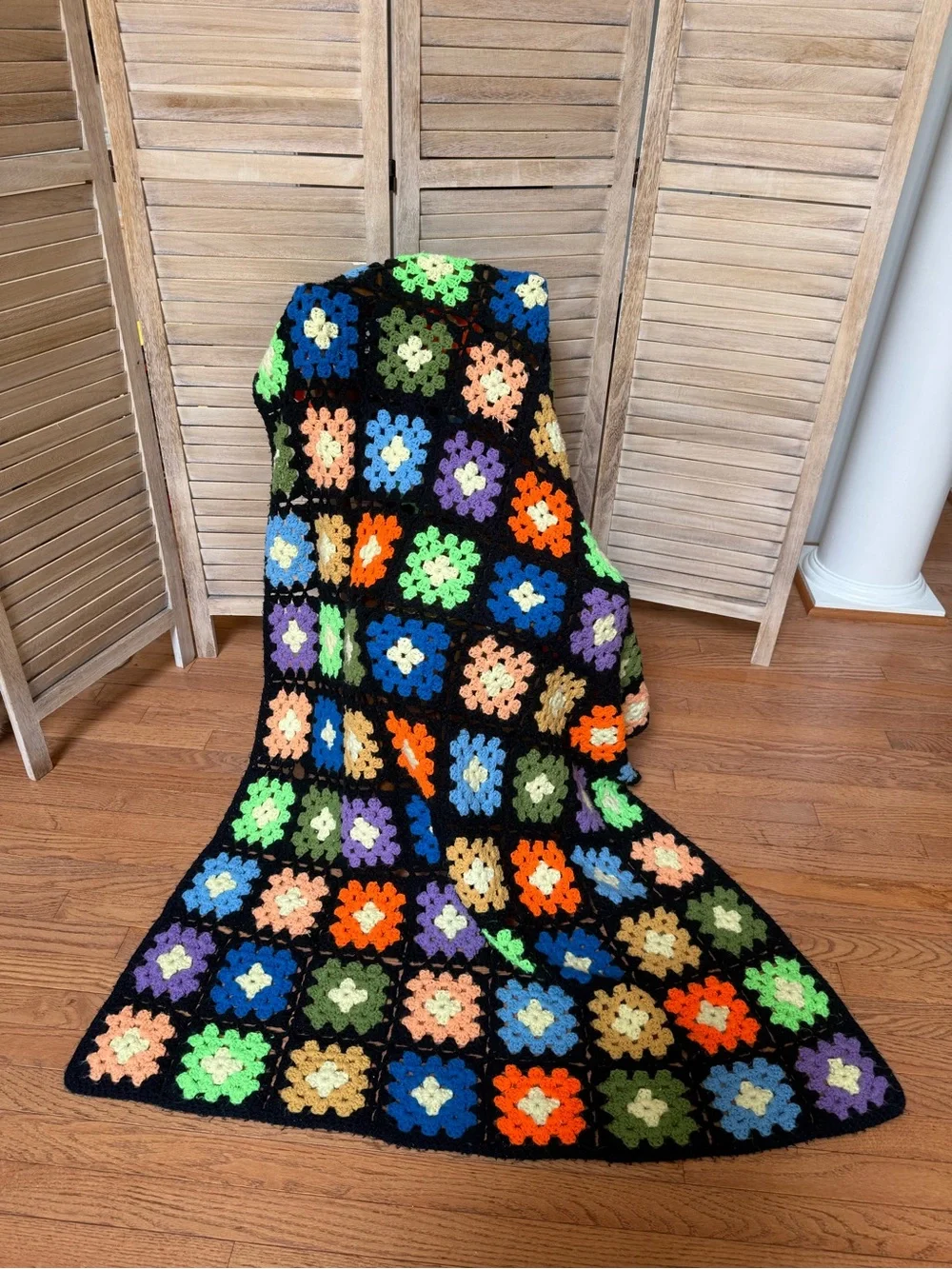 Vintage Handmade Black Granny Square Crochet Blanket 64” x 38”